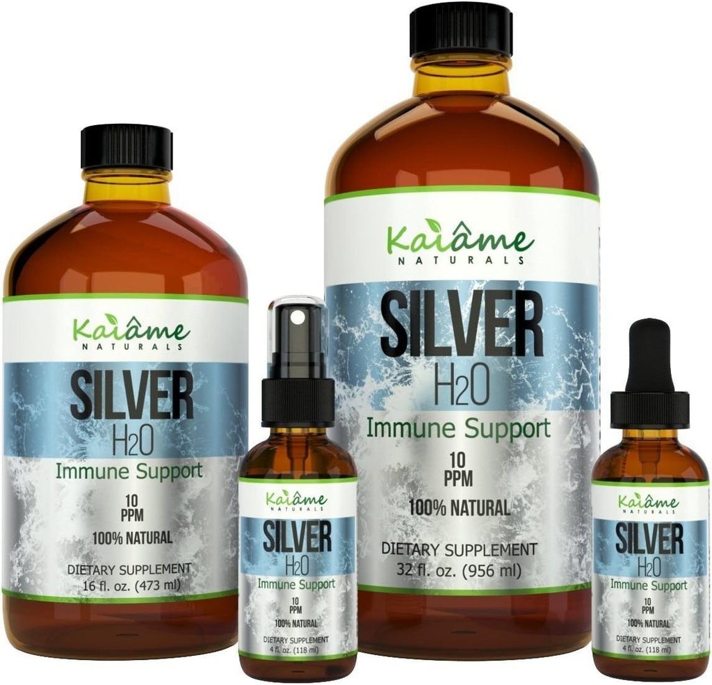 Kaiame Naturals Κολλοειδές ασήμι, ιωνικό ασημένιο διάλυμα, 10 PPM, μεγάλο γυάλινο μπουκάλι 16 oz, φυσικό ανοσοποιητικό συμπλήρωμα υποστήριξης, ασφαλές για ενήλικες, παιδιά και κατοικίδια