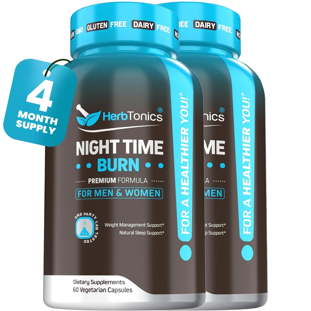 Herbtonics Night Time Burn & Sleep Complex Υποστηρίζει Διανυκτέρευση Μεταβολισμός, Άγχος Ανακούφιση & Βαθύ Ύπνο. Περιλαμβάνει μελατονίνη, βαλεριάνα και πράσινο τσάι – Vegan Διαχείριση βάρους ώρας ύπνου (120 κάψουλες)