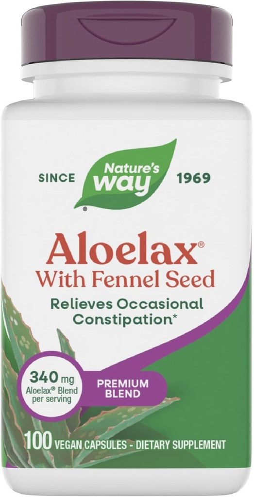 Nature's Way Aloelax, Premium Blend, with Fennel Seed, Relieves Occasional Constipation*, 340 mg, Gluten Free, Vegan, Occasional Constipation Relief*, 100 Caps (Packing May Vary)
