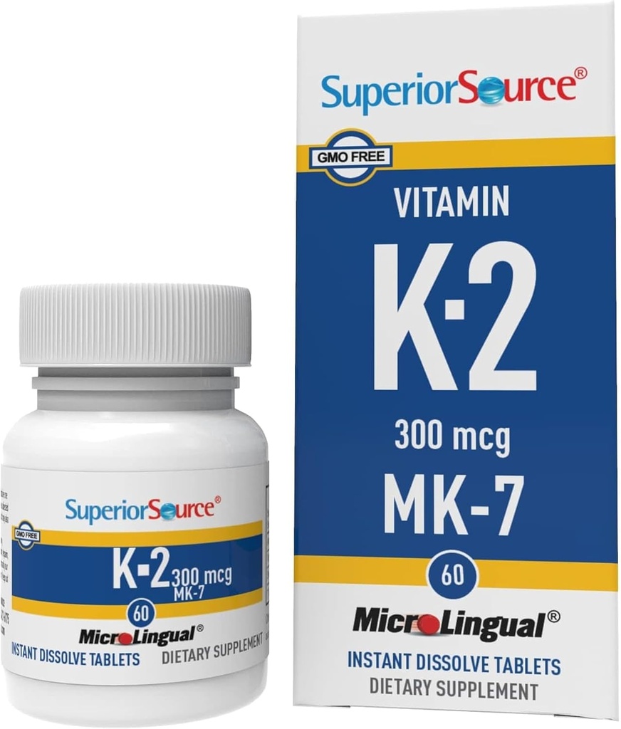 Superior Source Vitamin K2 MK-7 (Menaquinone-7) 300 mcg - Bone Strength & Health Support Supplement - Aids Healthy Heart Function - Bariatric-Friendly - 60 Sublingual Dissolving Tablets