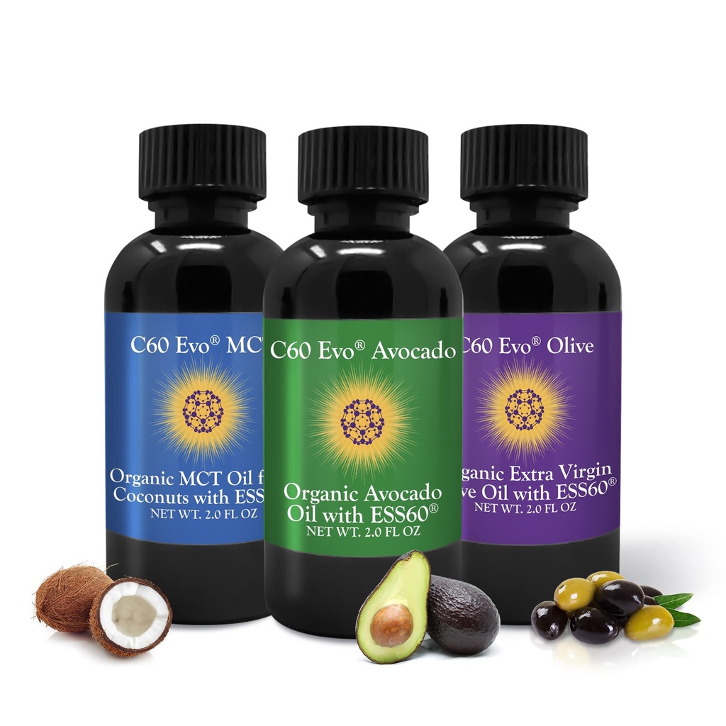 C60 Evo Pure ESS60 Organic Oil Sampler — Olive, Avocado & MCT Coconut — Antioxidant Support for Cellular Health — 3 x 2 fl oz
