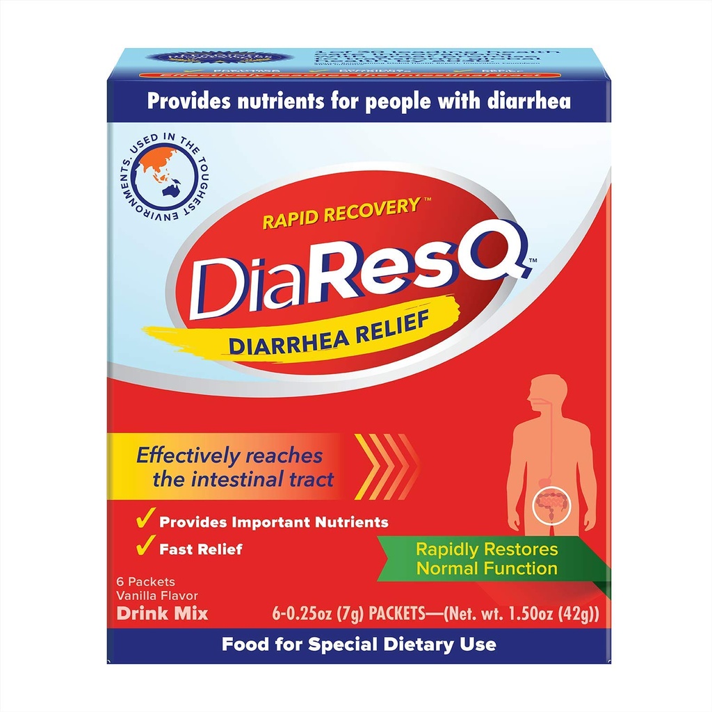 DiaResQ Διάρροια & ανοσοποιητική υποστήριξη Colostrum Drink Mix για ενήλικες, 6 Ct, ταχεία αποκατάσταση, βοηθά στην αποκατάσταση της φυσιολογικής εντερικής λειτουργίας, Vanilla Flavor