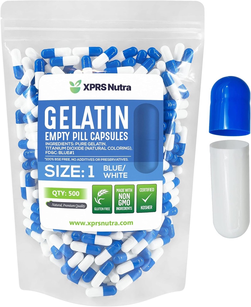 XPRS Nutra Μέγεθος 1 Κενές κάψουλες - 500 Count Empty Gelatin Κάψουλες - Χάπια DIY Καψάκιο Γέμισμα - Αγνά καπάκια τζελ Μπόβιν Χάπι για το Do-It-Yourself Συμπληρώματα (Blue/White)