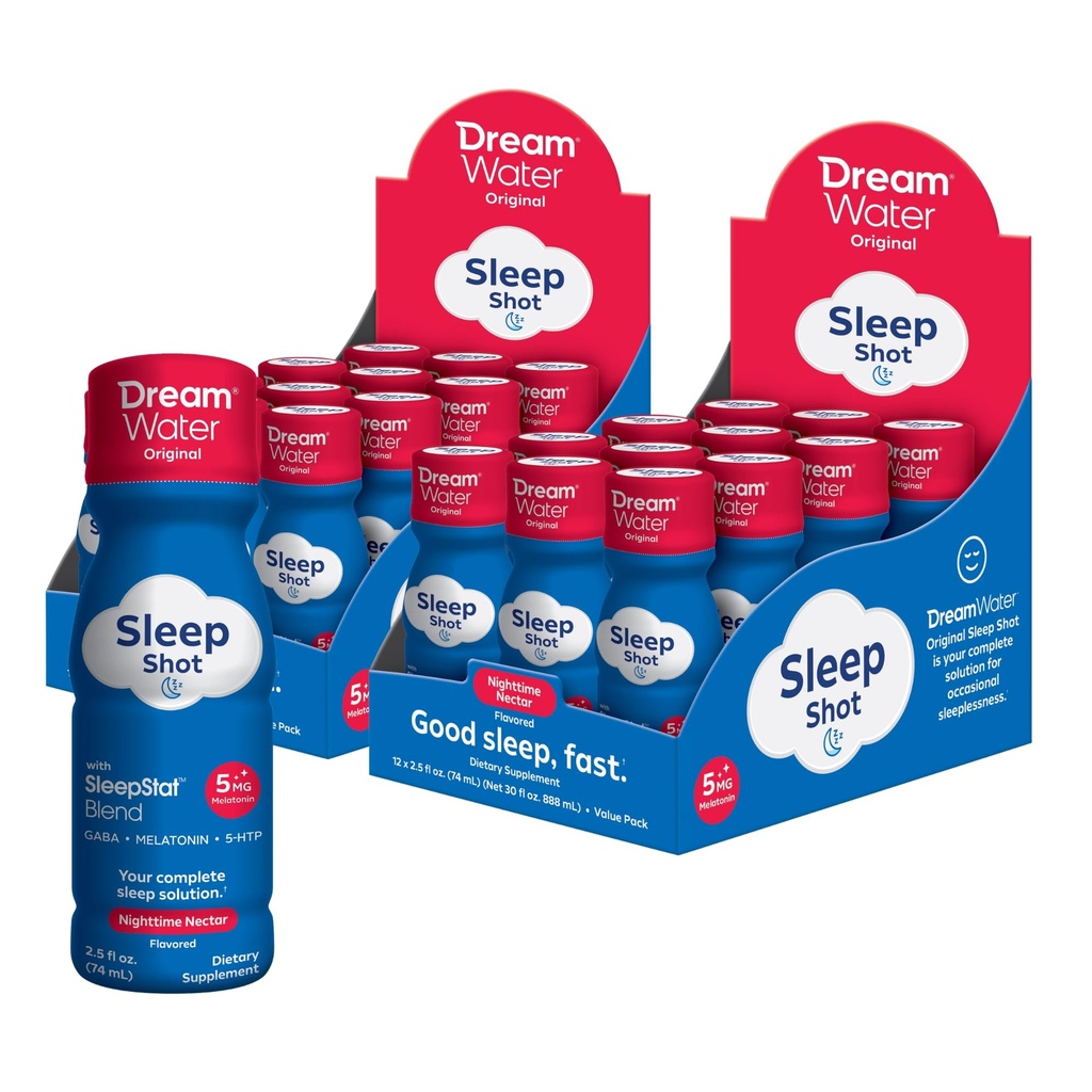 Dream Water Sleep Aid Supplement Drink; Μελατονίνη 5mg, GABA, 5-HTP; Μηδενική ζάχαρη, Φυσικές γεύσεις, Δεν προστίθενται χρώματα, 2,5 oz υγρά πλάνα ύπνου, Nectar νύχτα, 24-Count