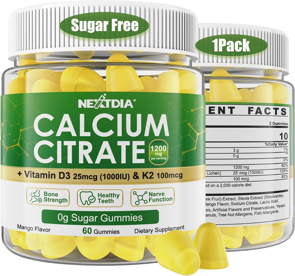 Citrate Gummies ασβέστιο 1200mg με βιταμίνη D3 K2, Μασώμενα συμπληρώματα ασβεστίου για γυναίκες και άνδρες, Υποστήριξη υψηλής ισχύος B0ne, Te*th, Δύναμη & Ανοσοποιητική Υγεία, Mango Γεύση, Μη ΓΤΟ, Χωρίς ζάχαρη, 60 Cts