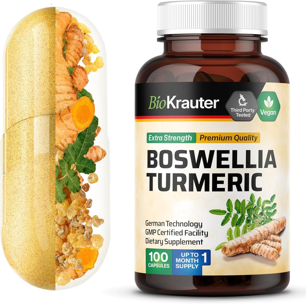 BIO KRAUTER Turmeric Supplement with Boswellia Extract Capsules - 2000 mg Blend - 100 Count - Vegan Boswellia Turmeric (Curcumin) - Formula w/Black Pepper