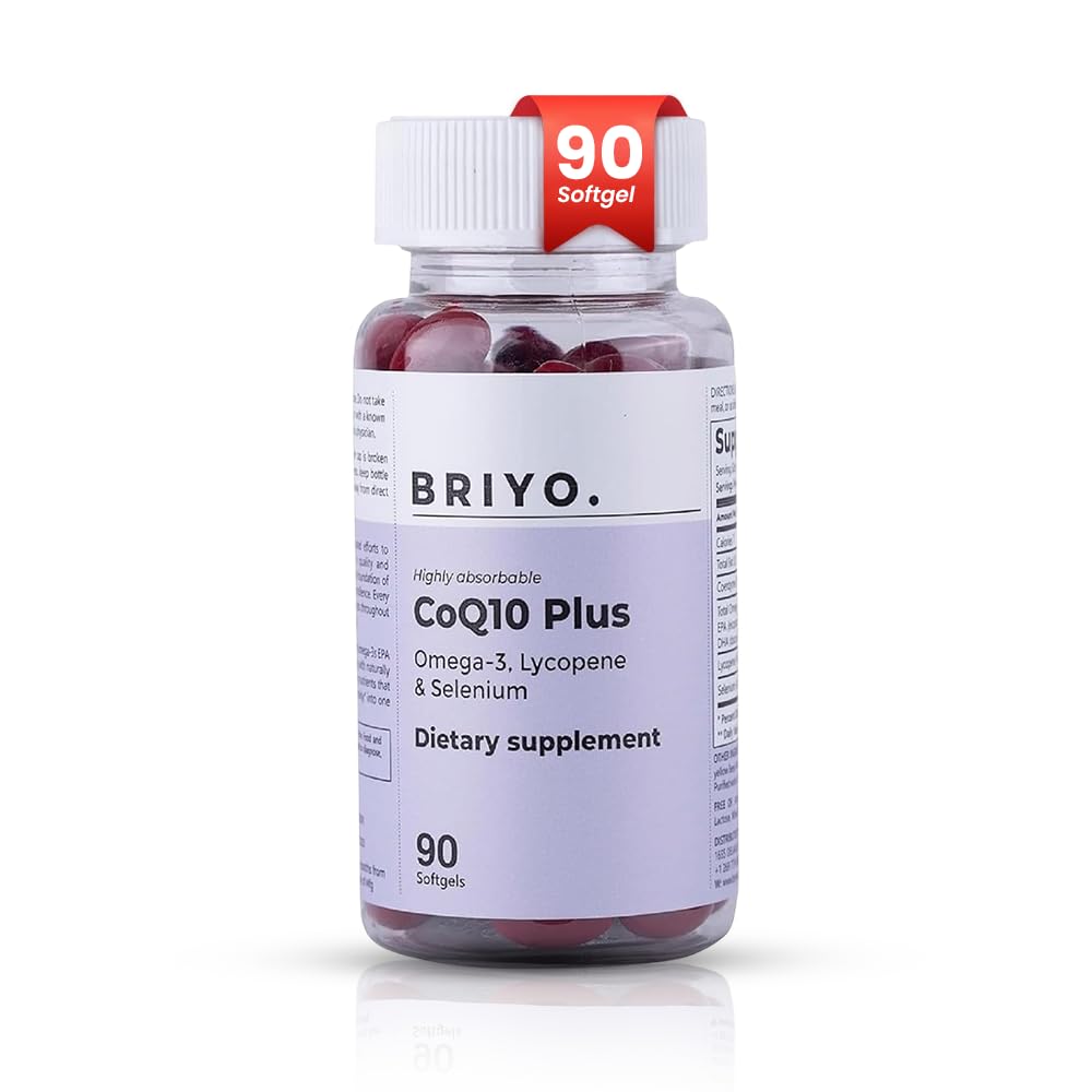 Briyo CoQ10 100mg συμπλήρωμα με Ωμέγα 3 EPA DHA, Λυκοπένιο και Σελήνιο – για την υγεία της καρδιάς, την ενεργειακή υποστήριξη, την προστασία των αντιοξειδωτικών, την υγιή γήρανση – Μια φορά καθημερινά Softgels, 90 Count