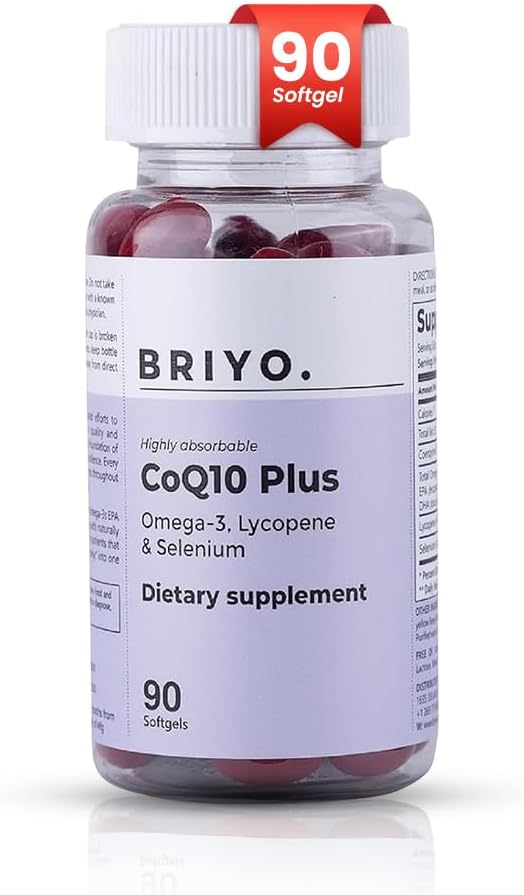 Briyo CoQ10 100mg συμπλήρωμα με Ωμέγα 3 EPA DHA, Λυκοπένιο και Σελήνιο – για την υγεία της καρδιάς, την ενεργειακή υποστήριξη, την προστασία των αντιοξειδωτικών, την υγιή γήρανση – Μια φορά καθημερινά Softgels, 90 Count