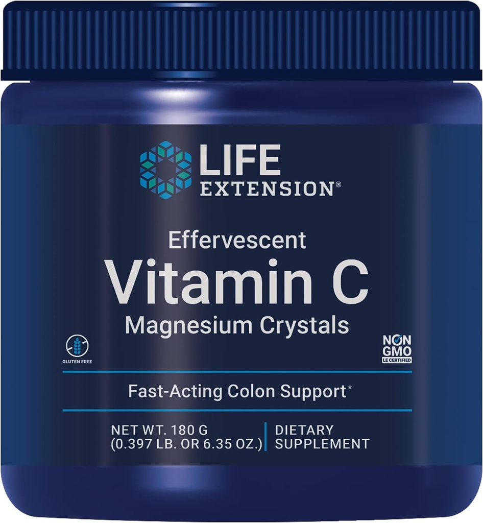 Life Extension Effervescent Vitamin C Magnesium Crystals, immediate Relief from Occasional Constipation, Gluten-Free, Non-GMO, Vegetarian, Net Wt. 180 Grams