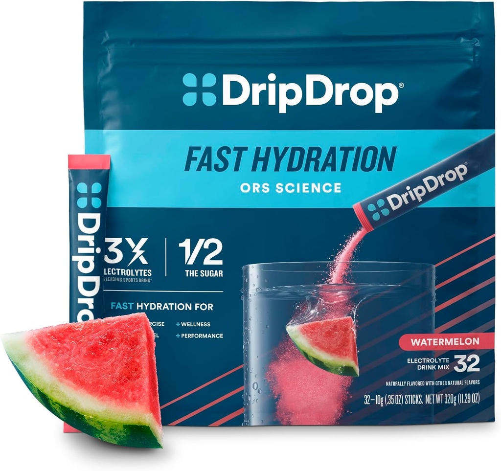 DripDrop Hydration Packets - Watermelon - Single Serve Electrolytes Powder Drink Mix - Non-GMO, Gluten Free, Vegan - 32 Sticks
