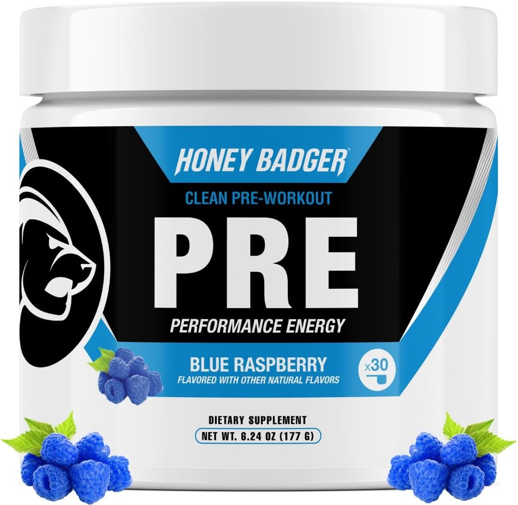 Μέλι Badger Pre Workout σκόνη, Keto Vegan Preworkout για άνδρες & γυναίκες, Beta Alanine & Caffeine, Ζάχαρη συμπλήρωμα φυσικής ενέργειας, Blue Raspberry, 30 εξυπηρετούν