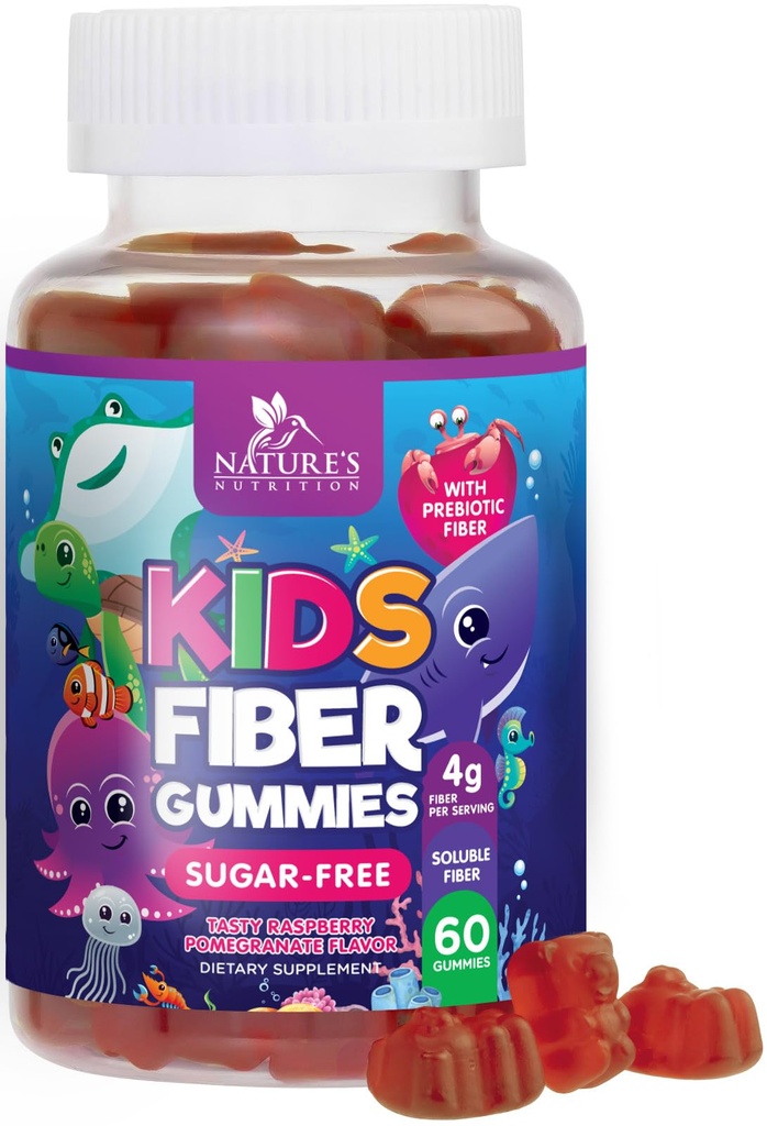 Kids Fiber Gummies – Sugar Free Prebiotic Plant-Based Fiber 4g per Serving Supplement - Improved Soluble Formula Supports Digestive Health & Regularity - Natural Berry Flavor Chewable - 60 Gummies
