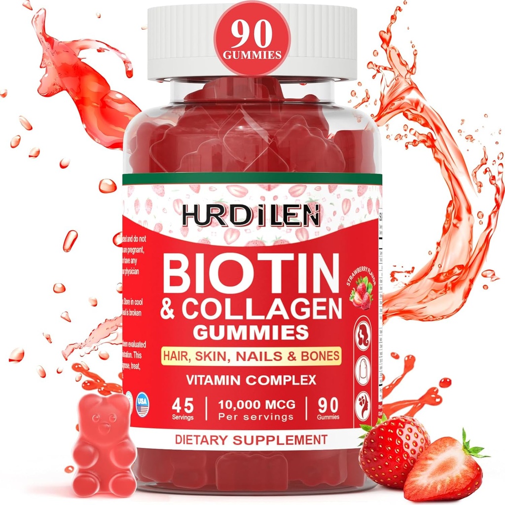 Δέρμα μαλλιών και νύχια Gummies, 10000mcg Biotin Collagen Gummies για γυναίκες & άνδρες, συμπληρώματα βιταμίνης υποστηρίζει ταχύτερη ανάπτυξη μαλλιών, ισχυρότερα νύχια, υγιές δέρμα, δύναμη οστών, 90 Gummies
