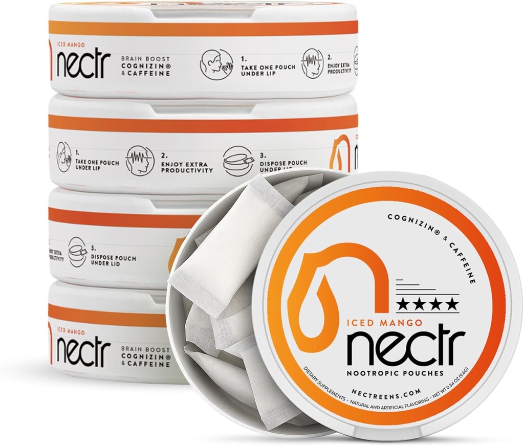 Nectr Energy Nootropic Pouches – Iced Mango Flavored, Caffeine Pouches με Cognizin® Citicoline. Φάρμακα εγκεφάλου χωρίς ζάχαρη. Ομαλή, διαρκής εστίαση & συμπλήρωμα ενέργειας - 5 Pucks των 16pcs