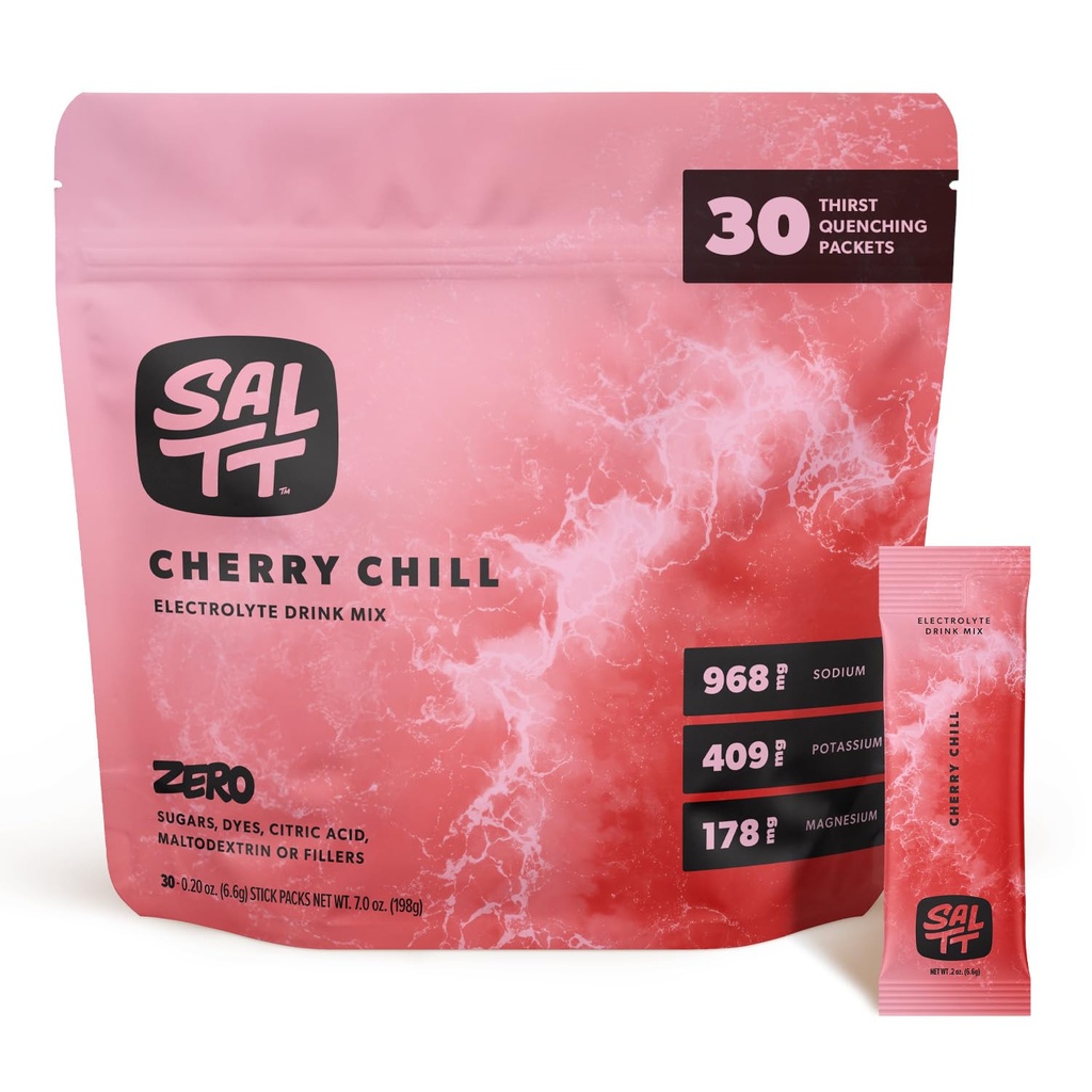 SALTT Ηλεκτρολυτές σκόνης αρωματισμένο ποτό Mix - Cherry Chill - 30 πακέτα ενυδάτωσης - Μαγνήσιο, κάλιο, Νάτριο, ορυκτά ίχνη - Zero Ζάχαρη & Χωρίς γλουτένη - ταξιδιωτικά Απαραίτητα