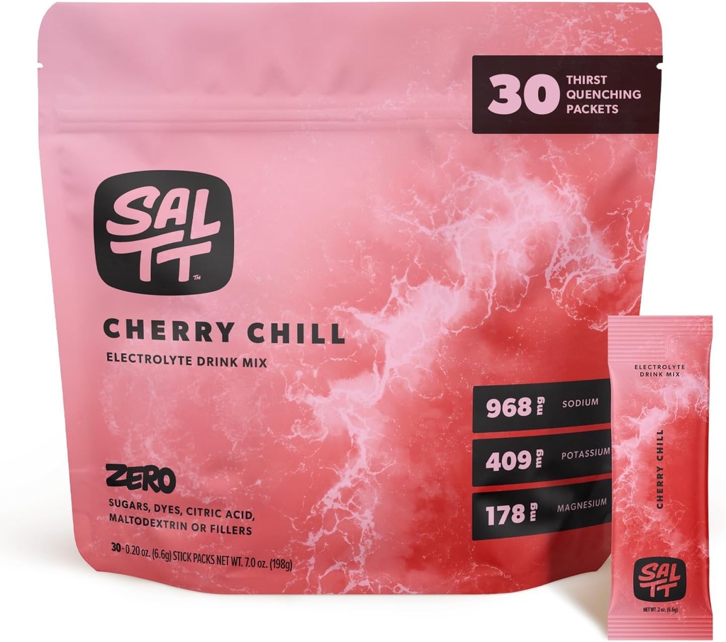 SALTT Electrolytes Powder Flavored Drink Mix - Cherry Chill - 30 Hydration Packets - Magnesium, Potassium, Sodium, Trace Minerals - Zero Sugar & Gluten Free - Travel Essentials
