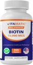 Vitamatic Biotin 10. 000 mcg (10 mg) για Ισχυρότερα Μαλλιά, Δέρμα & Καρφάκια - 365 Vegan Tablets- Επίσης Ονομάζεται Βιταμίνη B7