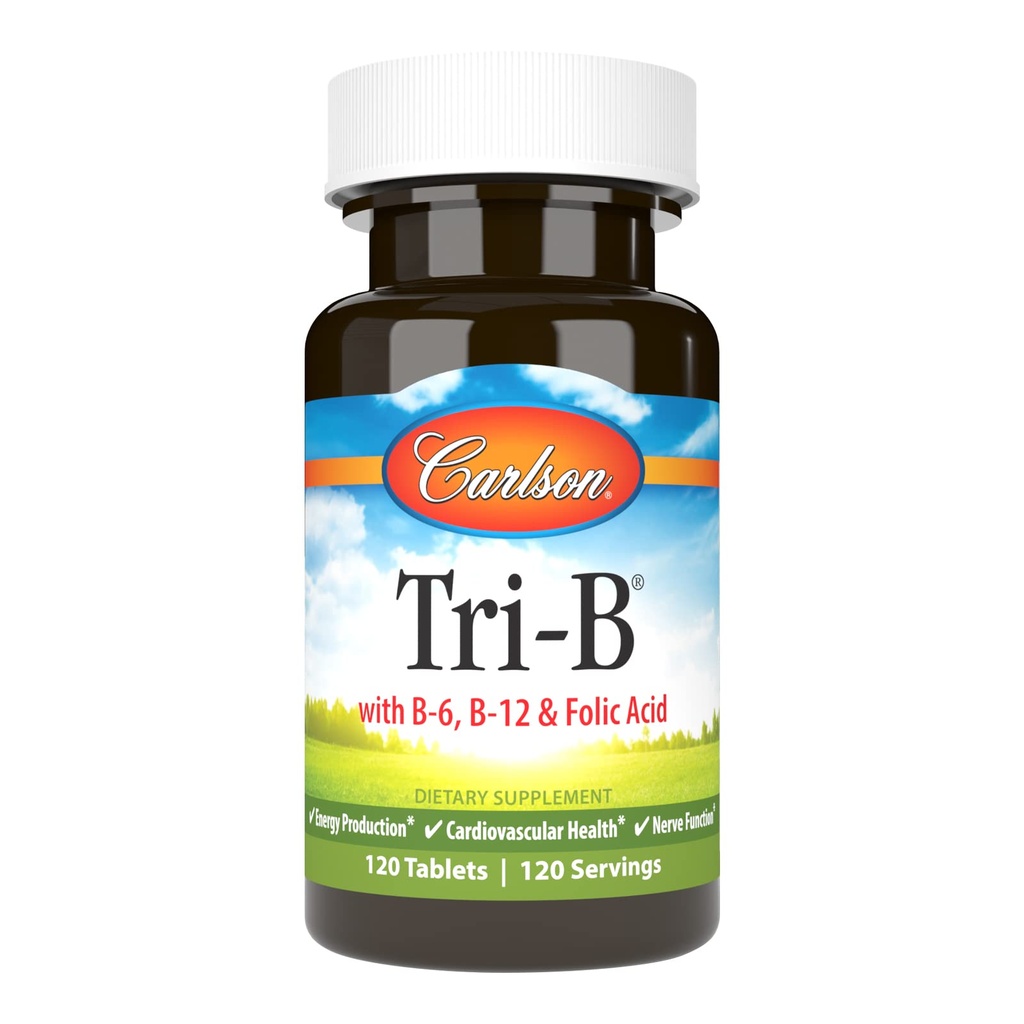 Carlson - Tri- B, Vitamin B Complex, 25 mg Βιταμίνη B-6, 400 mcg Βιταμίνη B-12, Follic Acid Energy Pills, Προώθηση Καρδιαγγειακής Υγείας, B Complex Vitamins, B12 Συμπλήρωμα, B Vitamin Complex, 120 δισκία