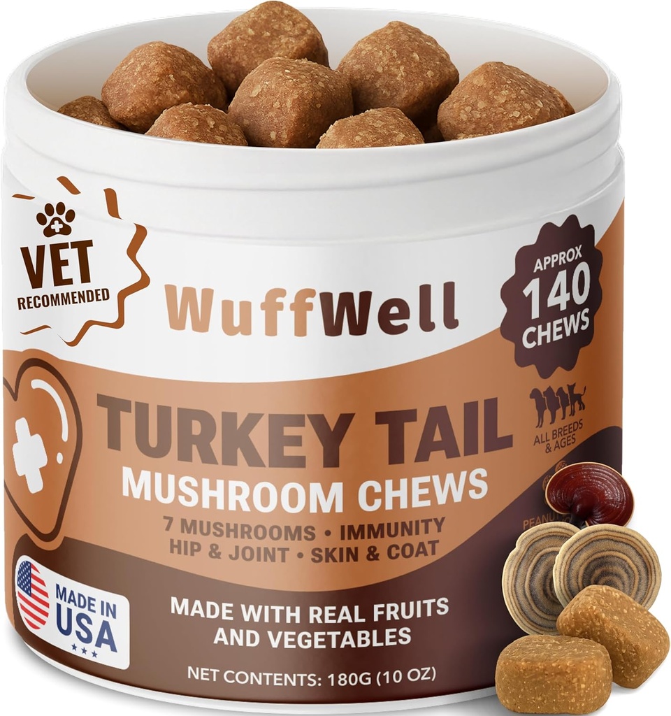 WuffWell Turkey Tail Μανιτάρια για σκύλους – συμπλήρωμα μανιταριών για σκύλους Ανοσολογική υποστήριξη – Βοηθήματα Lumps & Bumps – Mushroom Σκόνη για σκύλους – Vet-Recommended – Σκύλο Μανιτάρια σκόνη – Made in USA