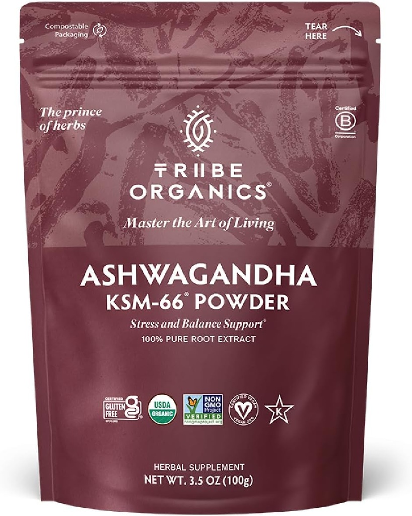 TRIBE ORGANICS KSM-66 Ashwagandha Root Extract Powder Ayurvedic Herb for Mood Support 