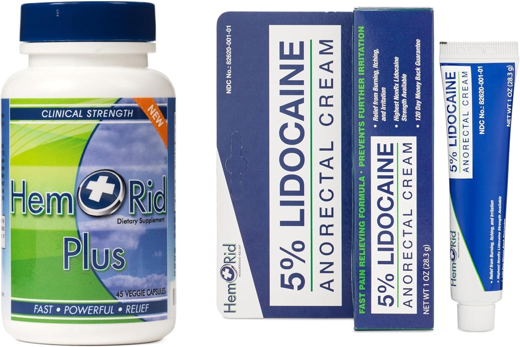 HemRid Plus & Lidocaine Cream Bundle: Comprehensive Care for Hemorrhoid Discomfort, Crafted in The USA