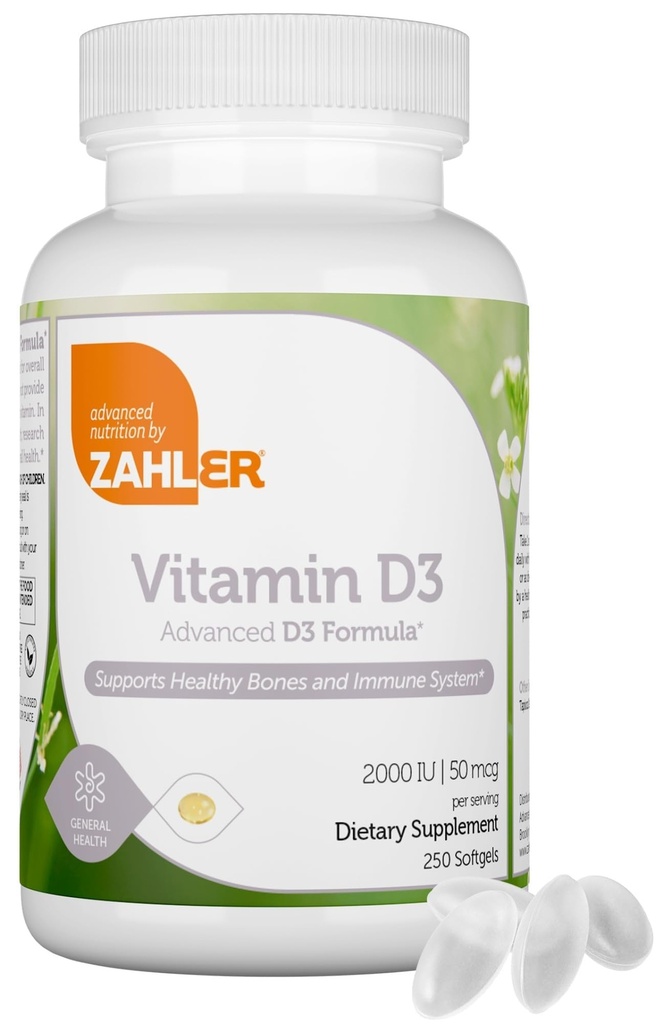 Zahler - Advanced Vitamin D3 2000 IU Softgels (250 Count) Kosher Vegetarian Friendly Vitamin D for Immune Support, Bone, Teeth & Muscle Health - Καθημερινή D3 συμπλήρωμα βιταμίνης για ενήλικες - Easy Swallow V