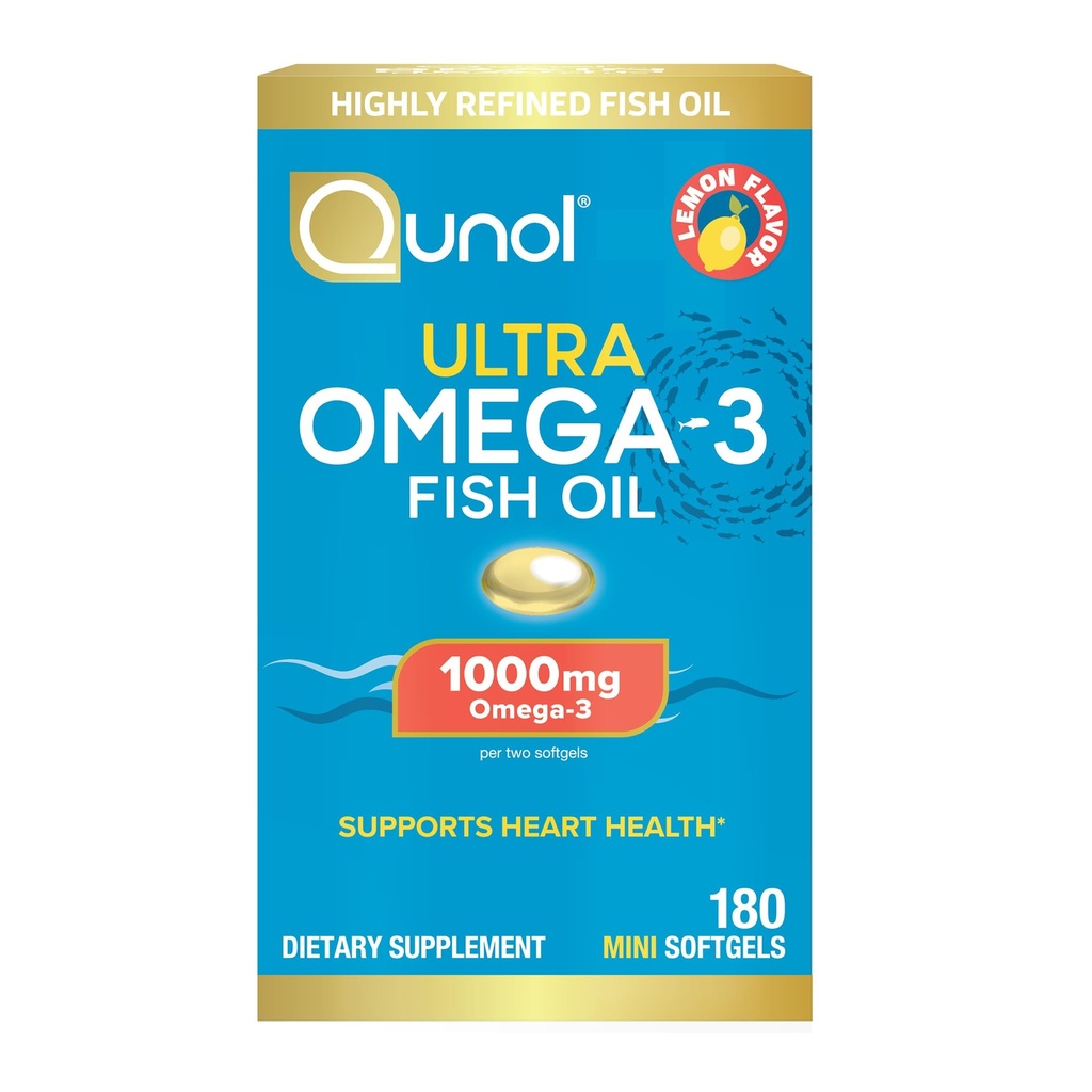 Qunol Fish Oil Omega 3 Mini Softgels, 1000mg Omega 3 EPA + DHA, Ultra Pure Συμπληρώματα, Υποστήριξη για την Υγεία της Καρδιάς, Λεμόνι Γεύση, Εύκολο στην Κατάποση Minis, 3 Μήνες Προμήθεια, 180 Μέτρα