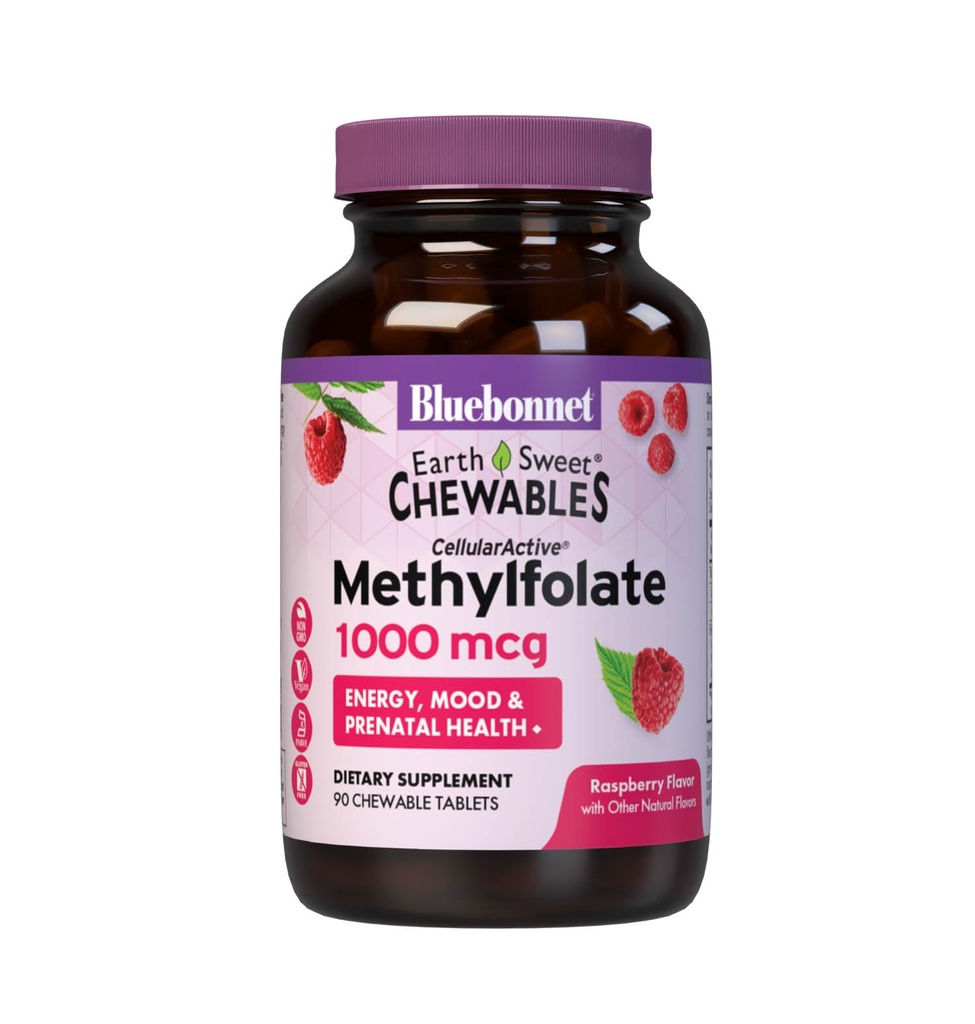 Bluebonnet EarthSweet Methylfolate 1000 mcg Cellular Active Coenzyme 5-MTHF L Συμπλήρωμα Φολικό Μεθύλιο - Προγεννητική & Ενεργειακή Υποστήριξη - Μη ΓΤΟ, Vegan, Χωρίς Γλουτένη - Βατόμουρο - 90 Μασώμενα δισκία