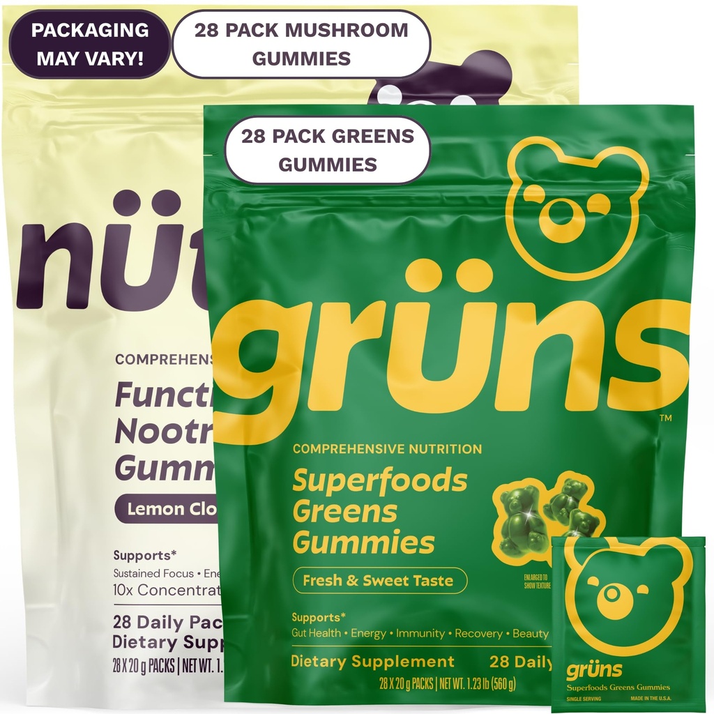 Gruns Superfood Green + New Nütrops Gummy Bundle, Organic Nutritional Supplement 2 x 28 Pack: Πολυβιταμίνη, προβιοτικά, προσαρμογόνα + Nootropic Mushroom Herbal Supplement to Support Mood, Focus, Gut