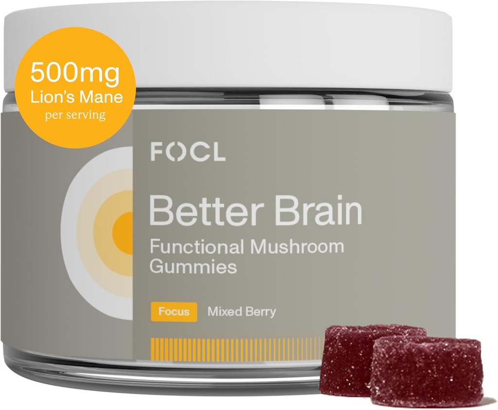 FOCL Lions Mane Mushroom Gummies - συμπλήρωμα μανιταριών για τη λειτουργία του εγκεφάλου, Εστίαση, Μνήμη, Ενέργεια, Ανοσοποιητική ενίσχυση, Stamina - Nootropic Complex Lion's Mane, Reishi, Cordyceps - Vegan, Χωρίς γλουτένη, Οργανικά