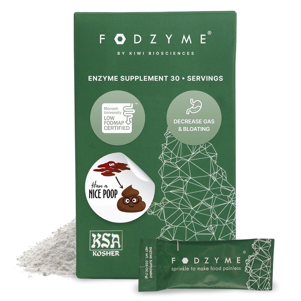 FODZYME® On-The-Go Digestive Enzymes for Gut Health, Relief for Bloating, Gas, Constipation, Diarrhea, Κοιλιακό άλγος, Χαμηλή FODMAP, 30 Δόση