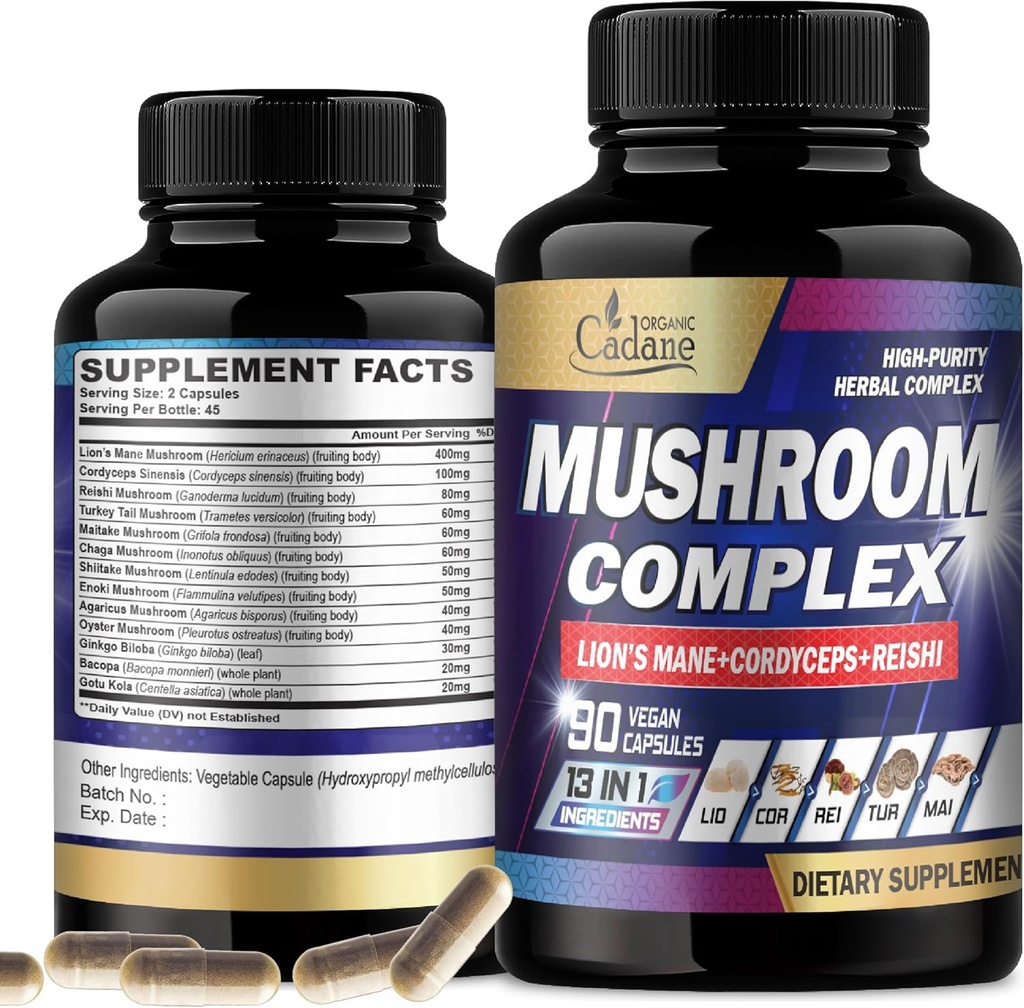 Βιολογικό Cadane Mushroom Complex Συμπληρώματα - Εγκεφαλική υγεία, ανοσοποιητικό σύστημα, Μνήμη & Παραγωγή Ενέργειας - 13in1 με Lions Mane Mushroom, Bacopa, Reishi & More - 90 Vegan Κάψουλες