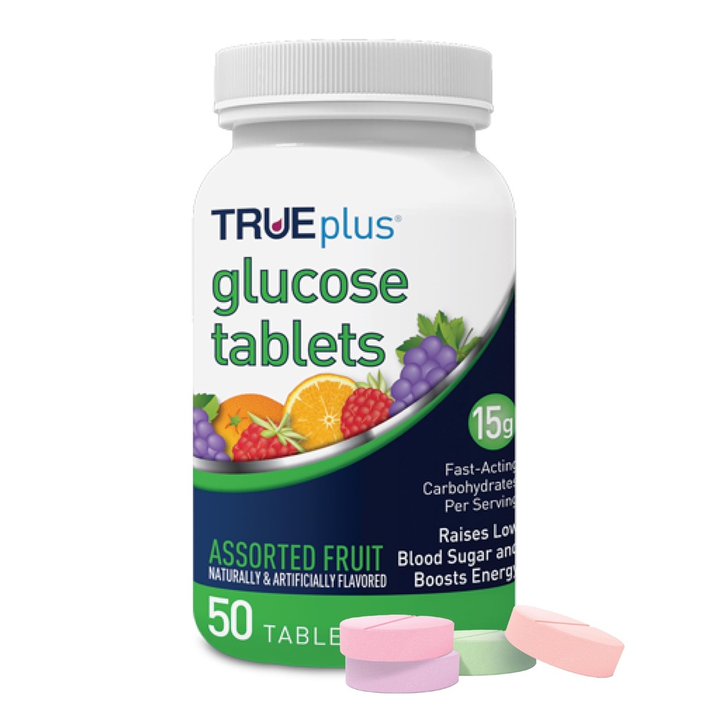 TRUEplus Glucose Tablets, Chewable, Grape, Raspberry, Orange Flavors, 15g Fast-Acting Carbohydrates, Fat Free, Gluten Free, Boost Energy, 50 Count