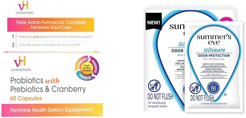 βΗ απαραίτητα Προβιοτικά με Πρεβιοτικά και Cranberry 60 Κάψουλες και Παραμονή Καλοκαίρι Ultimate Odor Control Γυναικεία Σκουπίδια με Βορικό οξύ 12 ct