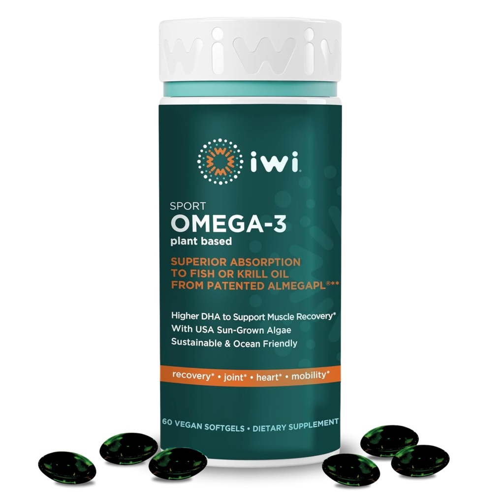 Iwi Omega-3 Sport, 60 Softgels (30 σέρβις), φυτικής βάσης Vegan Algae Omega 3 με DHA, Υποστήριξη αποκατάστασης ασκήσεων Συμπλήρωμα διατροφής, Krill & Fish Oil Εναλλακτική, Χωρίς ψαρική επίγευση