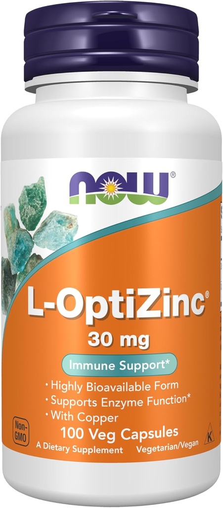NOW Foods Supplements, L-OptiZinc® 30 mg with Copper, Highly Bioavailable Form, Immune Support*, 100 Veg Capsules