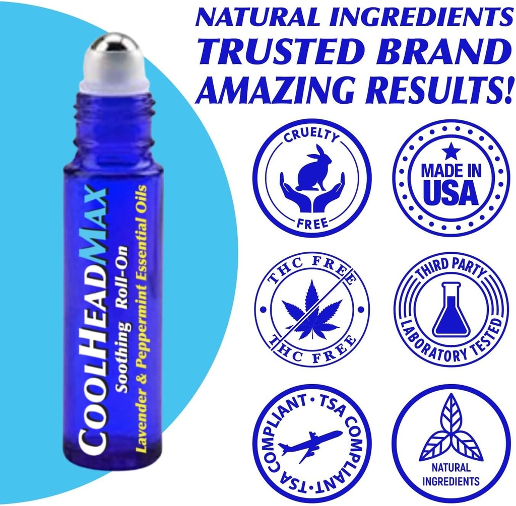 CoolHead Max Roll On, Φυσικό αιθέριο έλαιο μέντας Ημικρανία ανακούφιση, Πονοκέφαλος Roller υποστήριξης, γρήγορη άνεση ψύξης για το κεφάλι σας, 3 πακέτο