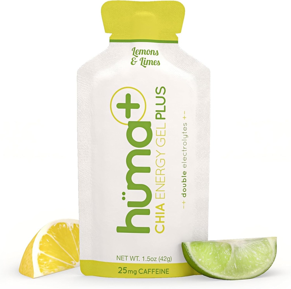 Huma Plus (Διπλοί ηλεκτρολύτες) - Chia Energy Gel, λεμόνι, 12 Gels, 25mg καφεΐνη - Στομάχι φιλικό, Real Food Energy Gels