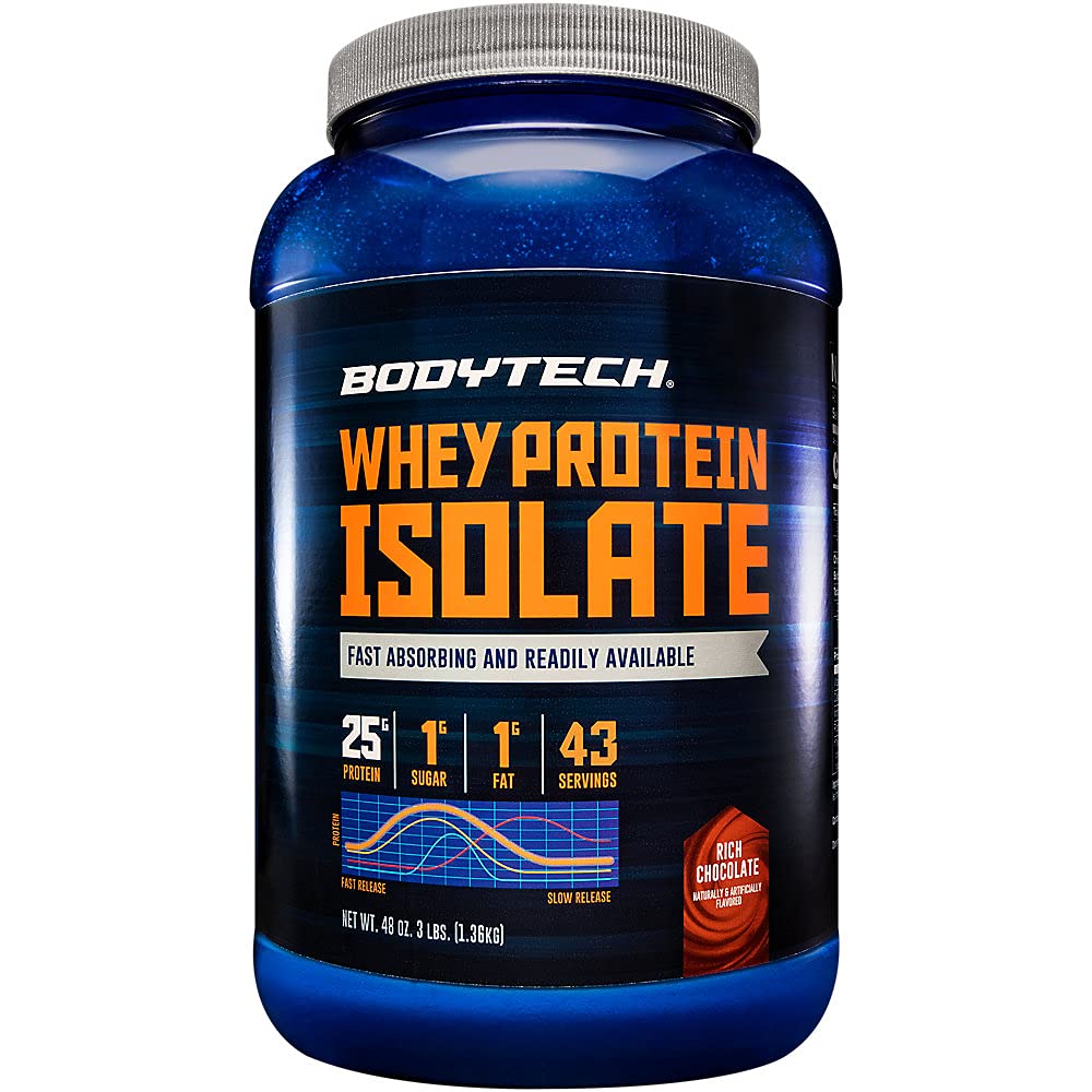 BODYTECH Whey Protein Isolate Powder - Πλούσια Σοκολάτα Γεύση - Premium συμπλήρωμα πρωτεΐνης για την ανάπτυξη των μυών και την αποκατάσταση - Χαμηλή Carb και υψηλή φόρμουλα πρωτεΐνης για την απόδοση (3 λίβρες / 43 εξυπηρετούν)