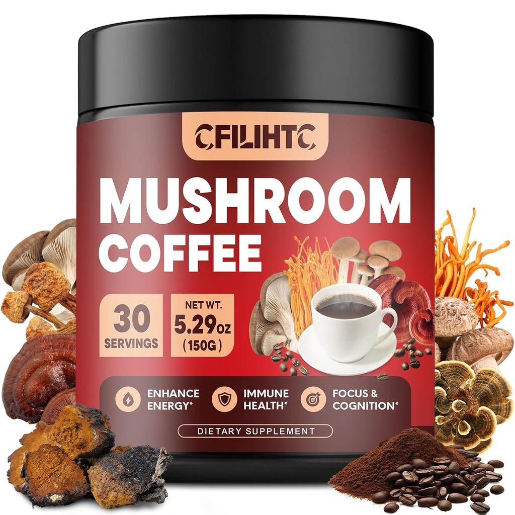 Mushroom Coffee - Κολομβιανός Mushroom Powder Στιγμιαίος καφές με Lion's Mane, Reishi, Chaga, Cordyceps & More - 150g Mushroom Coffee Alternative for Energy, Focus, Mental Clarity & Immune Support