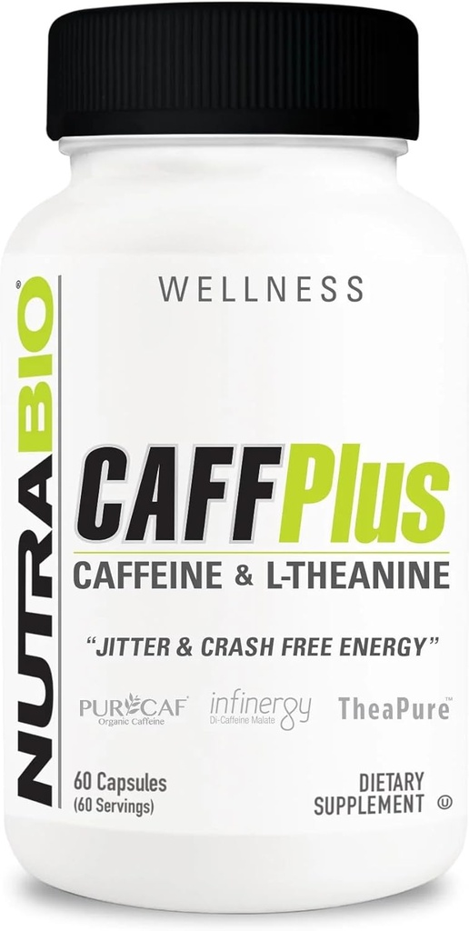 NutraBio CaffPlus, καφεΐνη διπλής πηγής με θεανίνη για υγιή ενεργειακή ενίσχυση - 60 κάψουλες λαχανικών