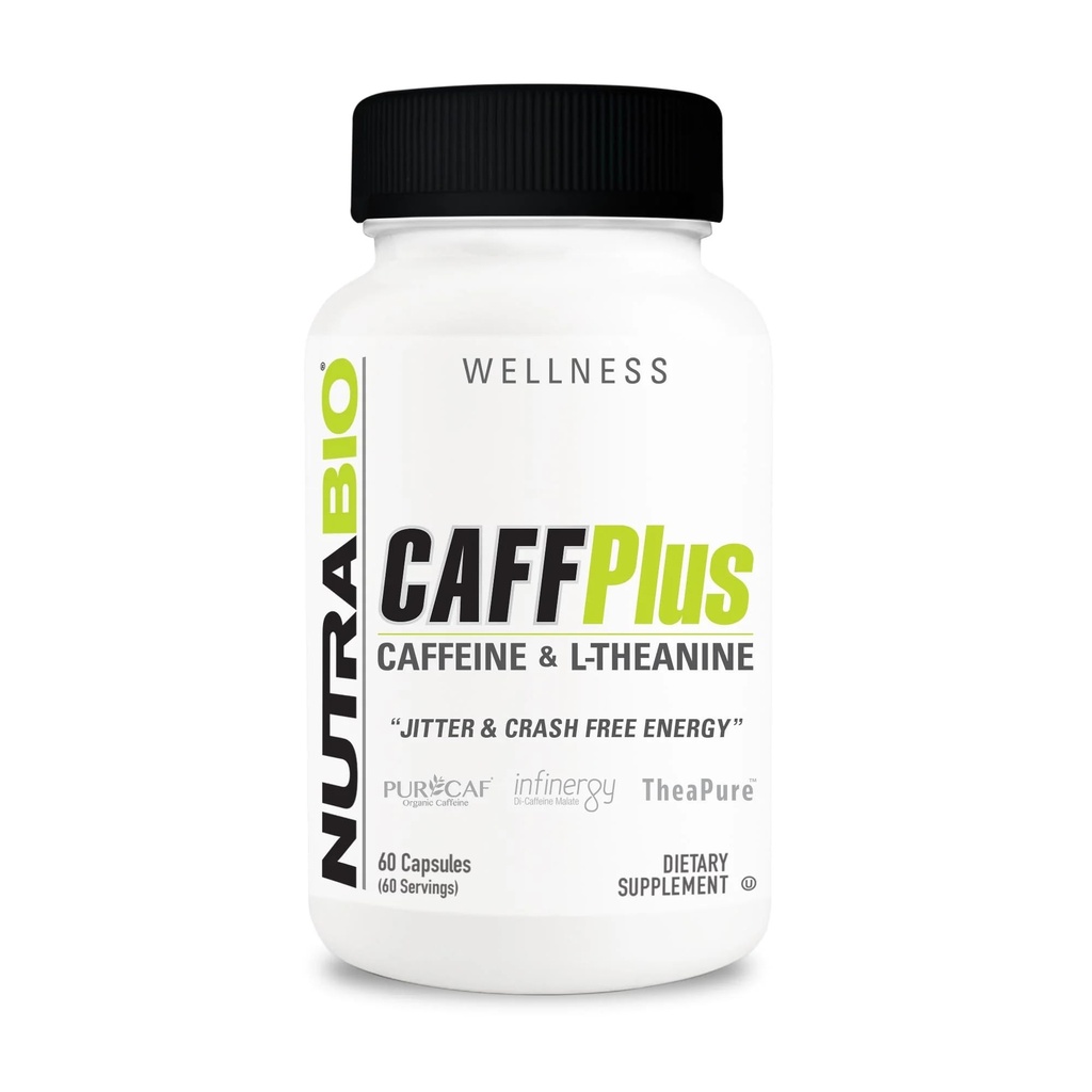 NutraBio CaffPlus, καφεΐνη διπλής πηγής με θεανίνη για υγιή ενεργειακή ενίσχυση - 60 κάψουλες λαχανικών