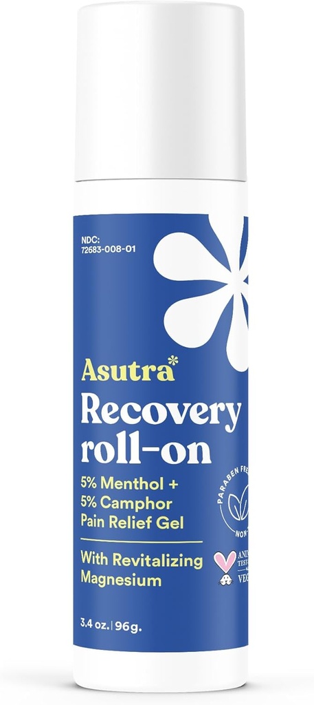 ASUTRA Recovery Roll-On Gel, 3.4 oz - Ψύξη και ζεστασιά Αίσθηση, Προσωρινή ανακούφιση από μυϊκή δυσφορία και λύπη, Mess-free Applicator, Menthol, Camphor, και Premium-Quality Μαγνήσιο