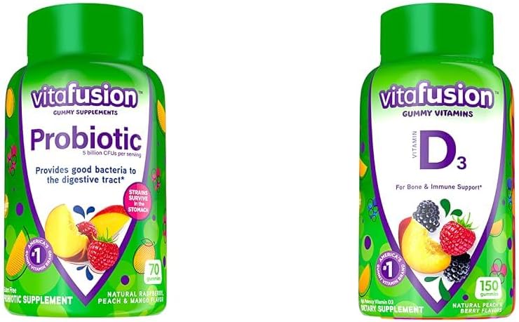 Vitafusion Probiotic Gummy Συμπληρώματα, Βατόμουρο, Ροδάκινο και Mango Γεύσεις & Βιταμίνη D3 Gummy Βιταμίνες για την υποστήριξη των οστών και του ανοσοποιητικού συστήματος
