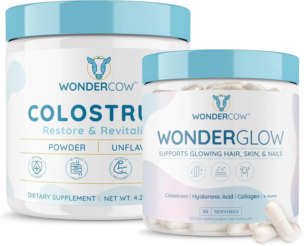 WONDERCOW Colostrum Unflavored + WonderGlow δέρμα μαλλιών και νυχιών Βιταμίνες, Υποστήριξη ταχύτερη ανάπτυξη μαλλιών, ισχυρότερη νύχια και λαμπερό δέρμα