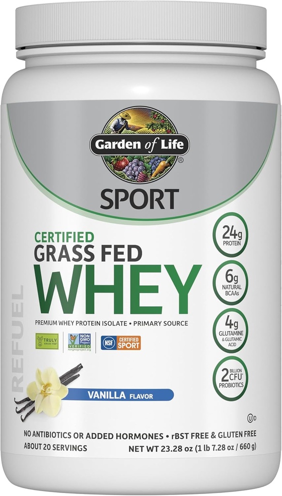Garden of Life SPORT Whey Protein Powder Vanilla, Premium Grass Fed Whey Protein Isolate plus Probiotics for Immune System Health, 24g Protein, Non GMO, Gluten Free, Cold Processed - 20 Servings