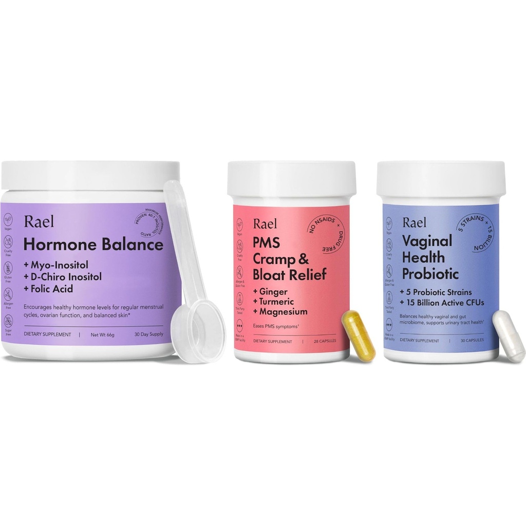 Συμπλήρωμα Rael για τις γυναίκες Bundle - Hormone Balance, Myo-Inositol & D-Chiro Inositol (30 Ημέρα προσφοράς) & Probiotics, 15 δισεκατομμύρια CFU (30 Ημέρα προσφοράς) & PMS Supplement (28 Κάψουλες)