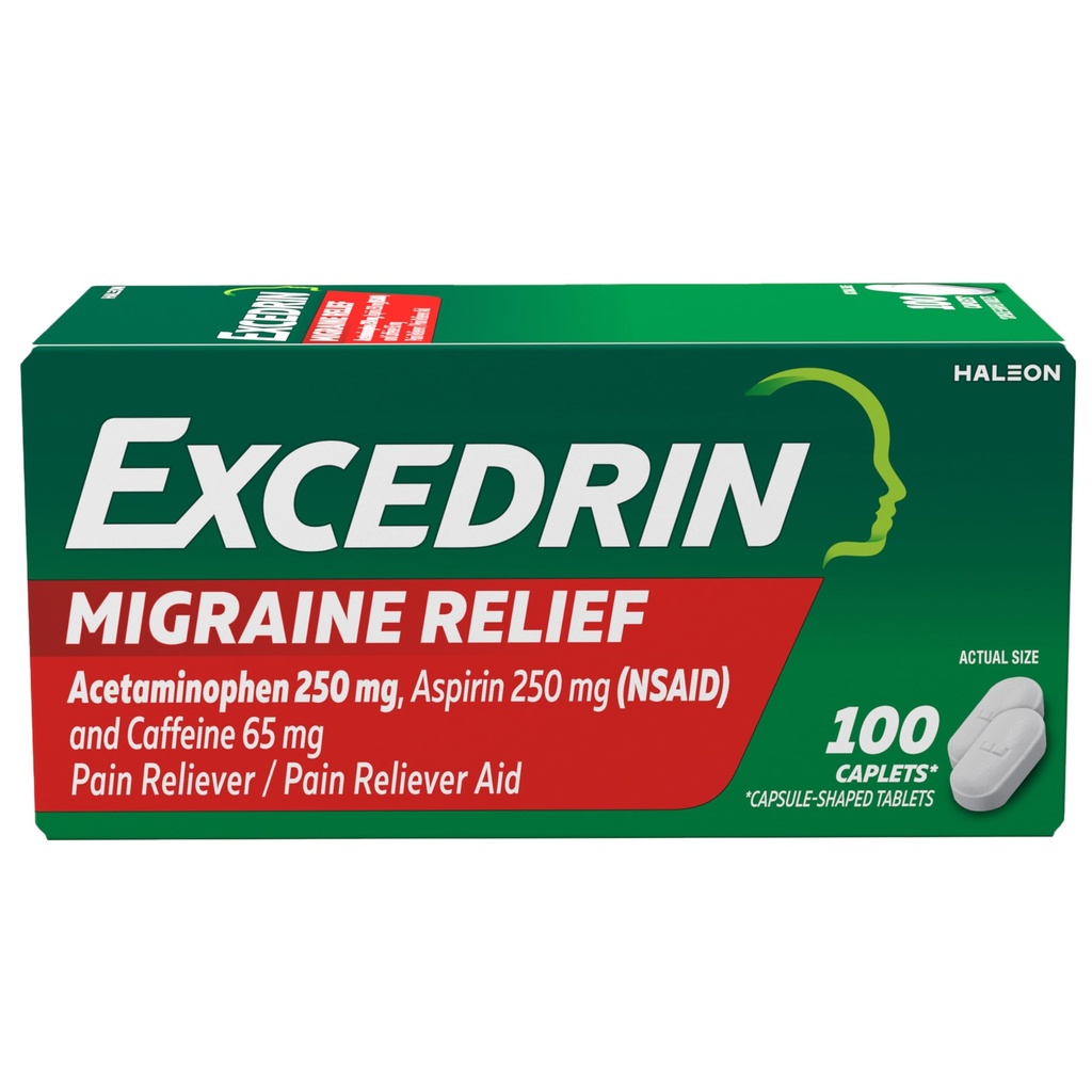 Excedrin Ημικρανία Ανακουφιστικά Caplets για τα συμπτώματα της ημικρανίας, Acetaminophen 250mg, Aspirin 250mg, Caffeine 65mg, Pain Reliever, 100 Count
