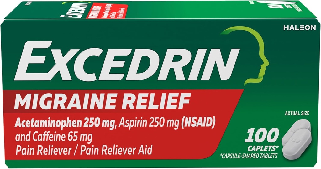 Excedrin Migraine Relief Caplets for Migraine Symptoms, Acetaminophen 250mg, Aspirin 250mg, Caffeine 65mg, Pain Reliever, 100 Count