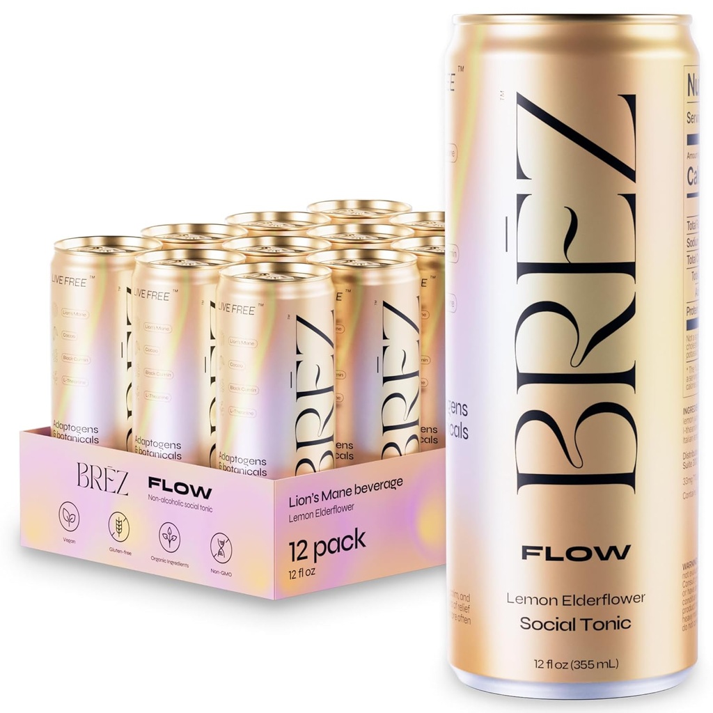 BREZ FLOW Lion’s Mane Mushroom Drink, 12-Pack, μη εγχυμένα, Adaptogens, Relieving, Uplifting, and Social, Sparkling Lemon Elderflower Tonic 12 Fl oz